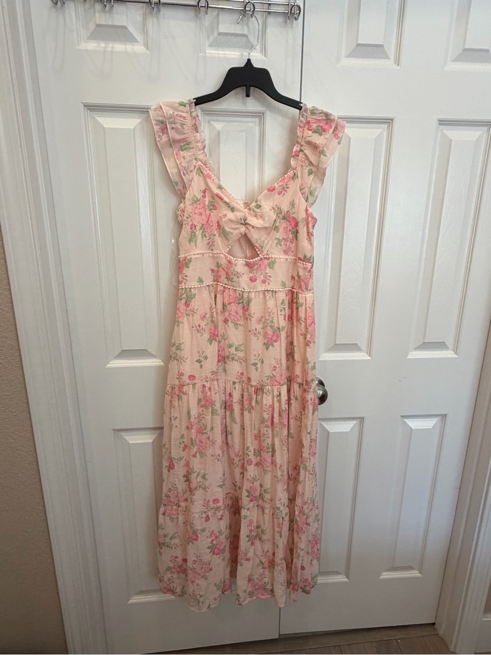 Trixxi Pink Floral Tie-Front Ruffle Midi Dress
